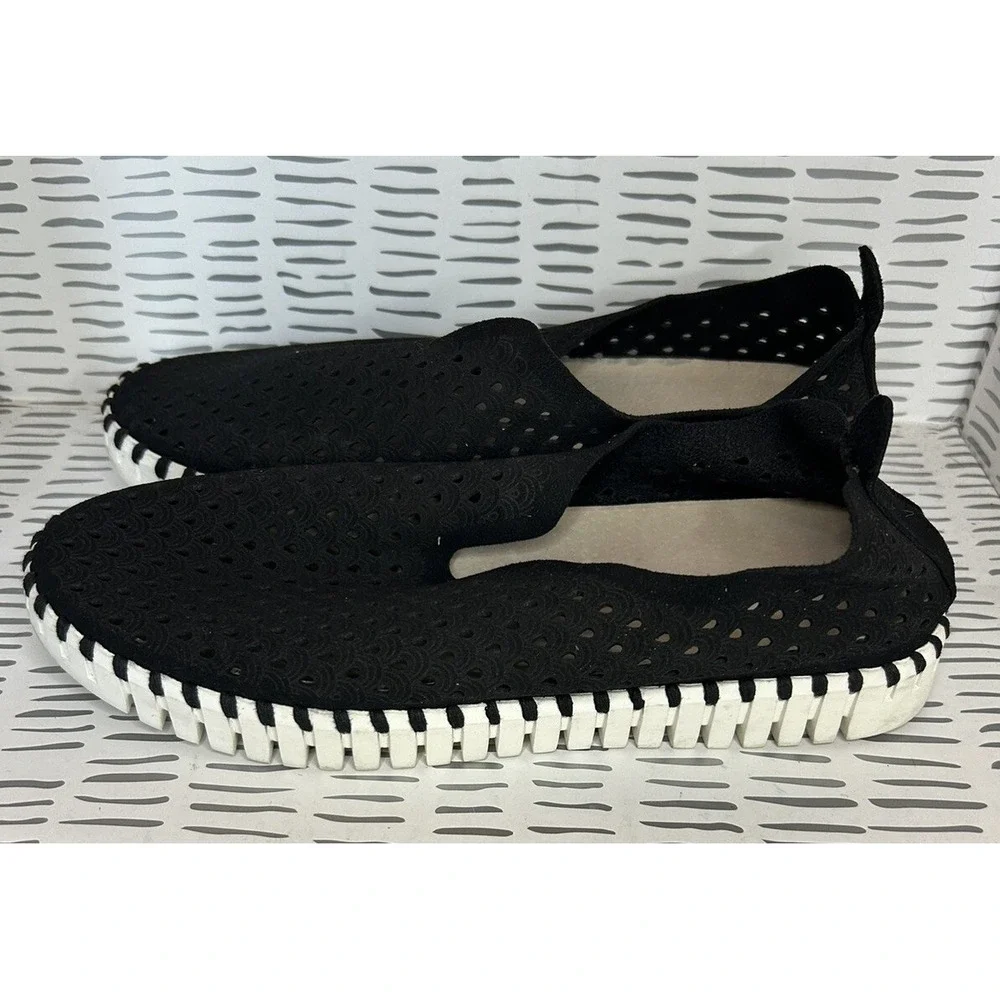 Ilse Jacobsen Tulip 139 Black Laser Cut Perforated Slip On Loafers Women 38 7.5